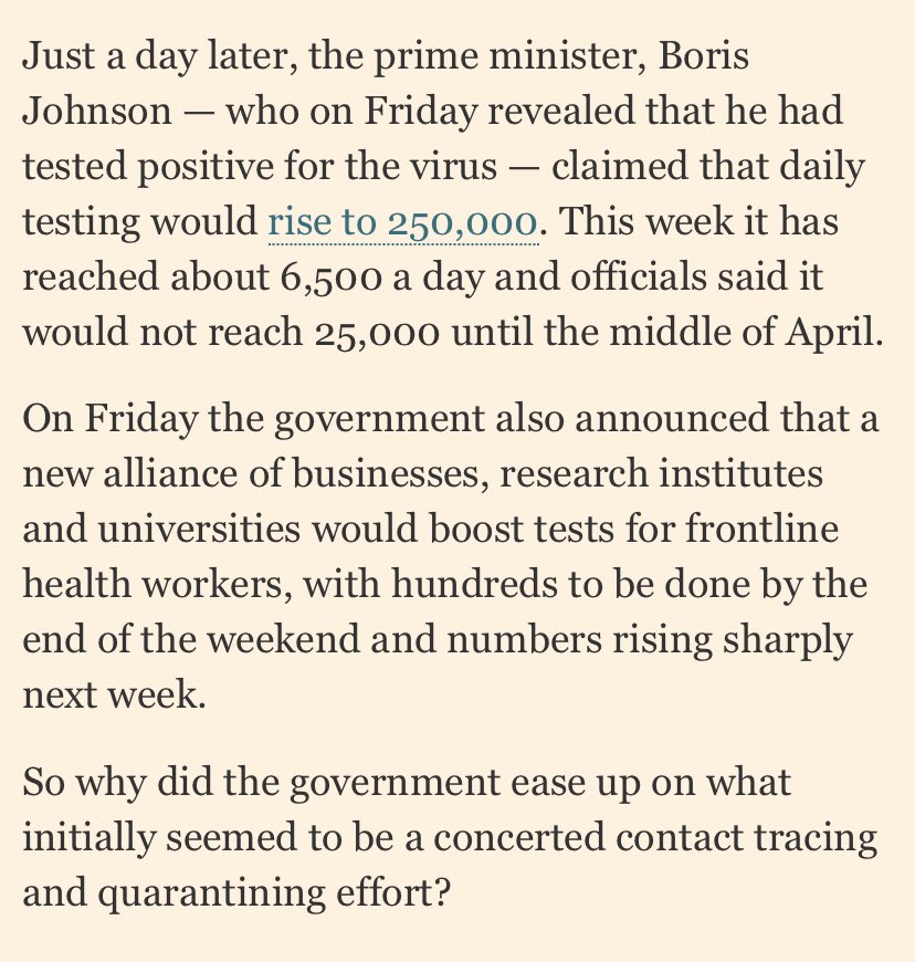 16/3. On 19 March, the PM said: “We're ramping up daily testing from 5,000 a day, to 10,000 to 25,000 & then up at 250,000.”The UK is STILL only doing 6,500 per day & testing for frontline NHS staff won't even START til next week. #COVID19  #coronavirus  #Covid_19  #CoronaUpdate