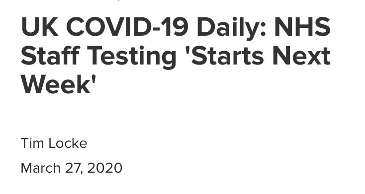 16/3. On 19 March, the PM said: “We're ramping up daily testing from 5,000 a day, to 10,000 to 25,000 & then up at 250,000.”The UK is STILL only doing 6,500 per day & testing for frontline NHS staff won't even START til next week. #COVID19  #coronavirus  #Covid_19  #CoronaUpdate