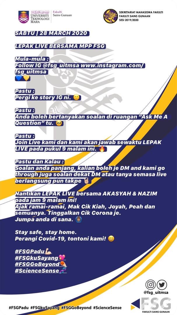 smf_fsg's tweet photo. Ayuh FSG luangkan masa anda pada 9.00 malam ini untuk menyaksikan LEPAK LIVE bersama MPP FSG di laman Instagram @fsg_uitmsa ( https://t.co/JuuVe7GsqQ )🔥 

Jumpa anda di sana!

#FSGPadu 💪🏻
#FSGkuSayang💖
#FSGGoBeyond☄
#ScienceSense🧬 https://t.co/ivuhSg07vo