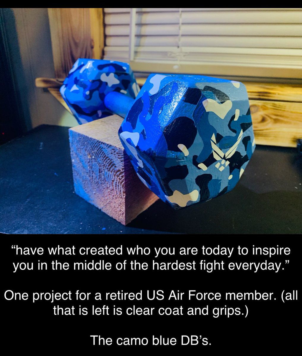 everydayshowday's tweet photo. While on the #CoronaLockdown I have been working on these Camo Blue @usairforce 
Dumbbells designed for a retired member. #airforce #Covid_19 #CoronaLockdown #COVID19 #75Hard #1stphorm #maxout #dci2020 #workout #workoutathome #bootcamp #dallaslockdown https://t.co/MeYs5jik6F