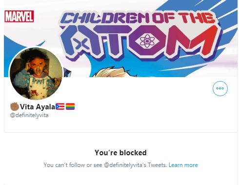 #14 Vita Ayala  @definitelyvitaI shouldn't be surprised, but with seemingly half the Dawn of X creators, including the group editor, blocking fans out of contempt, it still matters. I'm not gonna duck and weave around the few being professional. And  @Marvel doesn't care anyway.