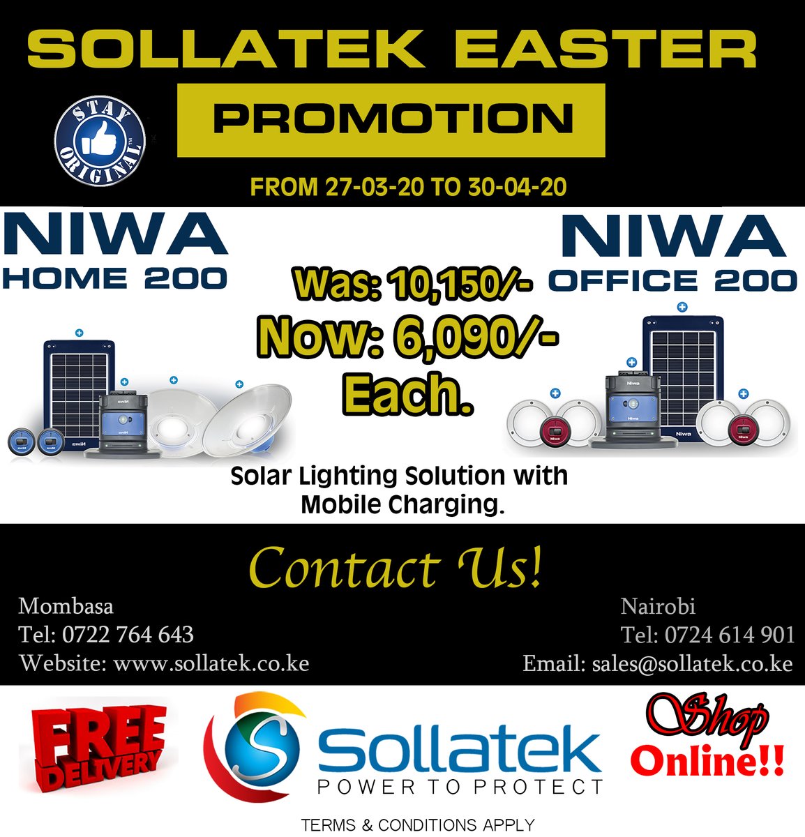 SollatekEA's tweet image. The Niwa Home 200 and Office 200 is a path breaking modular solar system designed to provide lighting &amp;amp; mobile phone charging for a 2 room home. Includes 2 hanging light points that each provide 100 lumens..#SollatekKenya #StayOriginal #EasterPromotion #StaySafe