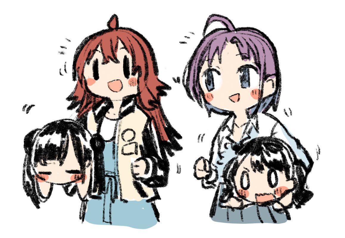 asakura toru multiple girls 4girls black hair ahoge twintails red hair white background  illustration images