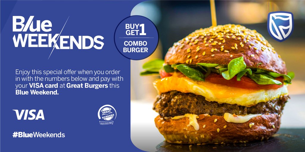 stanbicug's tweet photo. Stayed home but craving for a hot juicy burger? Order for one from  Great Burgers using a Visa card and get one free this blue weekend.

Call the numbers below

✔️Great burgers Forest mall
0705145112 or 0782247211

✔️Great burgers Kingsgate
0787427725 or 0755649050
 #BlueWeekends https://t.co/EuOKjsIDun