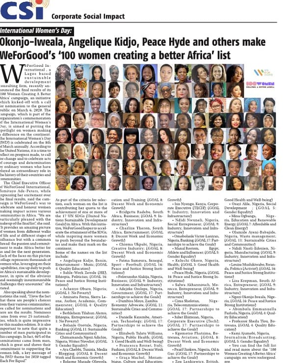 It is a huge honor to be featured on BusinessDay Newspaper's '100 Women Creating a Better Africa' List along with other amazing women. Grateful to <a href="/myweforgood/">WeForGood</a> for the opportunity.

I'm thankful for every woman who lifted me up, supported me &amp; pushed me; we will continue to soar!