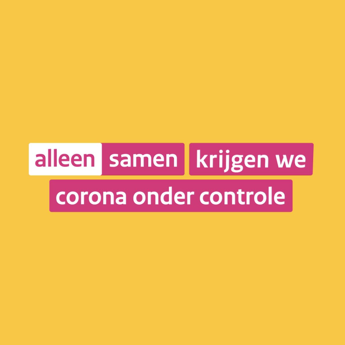 Alleen samen krijgen we corona onder controle. 

🏡 Blijf zoveel mogelijk thuis
↔ Houd 1,5 meter afstand
🧼 Was vaker je handen

Actuele informatie: rijksoverheid.nl/coronavirus

#AlleenSamen