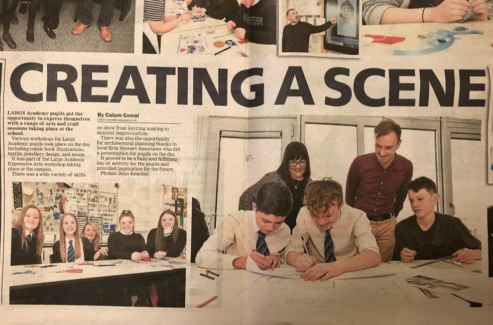 ArchitectsLargs's tweet photo. Stop the press! Back in the day (February 2020) before social distancing Felicity and John took part in the Largs Academy Expressive Arts Day... Centrefold of the Largs and Millport now! 😃 They had a great day and hope the students did too.
#largsandmillport #architectsontour https://t.co/p01eUYZ7yv