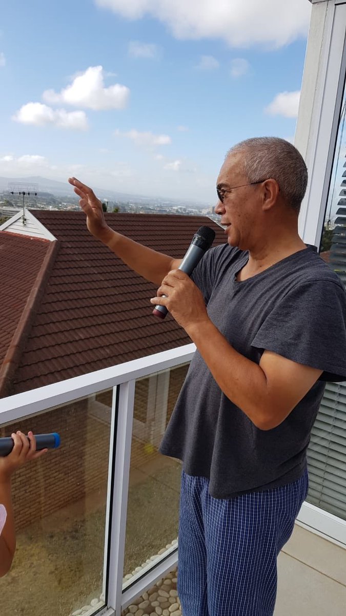 erin_drayton's tweet image. My dad on Day 2 of #Lockdown 
He discovered a fun new use for his portable karaoke machine - making announcements to the neighbourbood from his balcony, including a reminder to wash one’s hands.