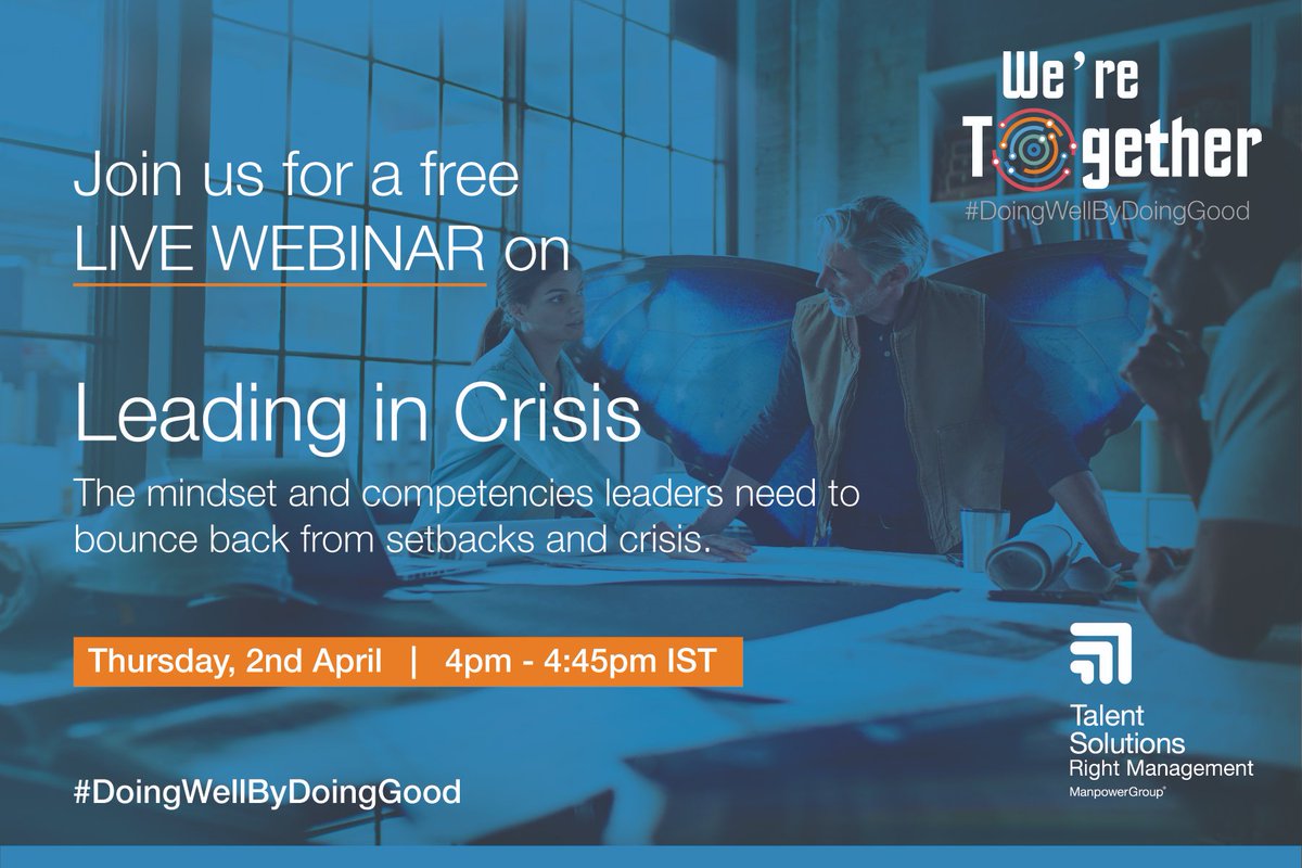 Right_India's tweet image. “In a moment of crisis, reactions set the leaders apart from the followers.” – Peter Stark
Register for our free #webinar: Leading in Crisis – bit.ly/2QQevb2 at 4:00pm IST on Thursday, 2nd April 2020

#SaturdayMotivation #Covid19 #Leadership #DoingWellbyDoingGood