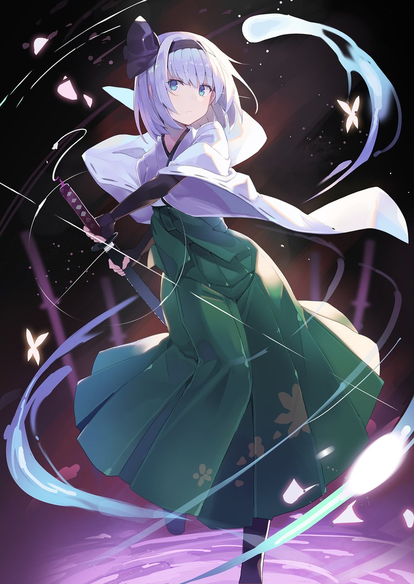 konpaku youmu 1girl weapon sword solo butterfly short hair hakama  illustration images