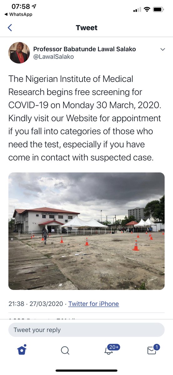 OurFavOnlineDoc's tweet photo. GOOD NEWS:
Get a FREE Coronavirus test.

The Nigerian Institute of Medical Research, Lagos begins free Coronavirus testing.

If you have fever/cough, and just returned from abroad or had contact with someone, book for a free test on https://t.co/rEiLw7W5kS 

Pls RT for everyone. https://t.co/Qt5fUdhdtj