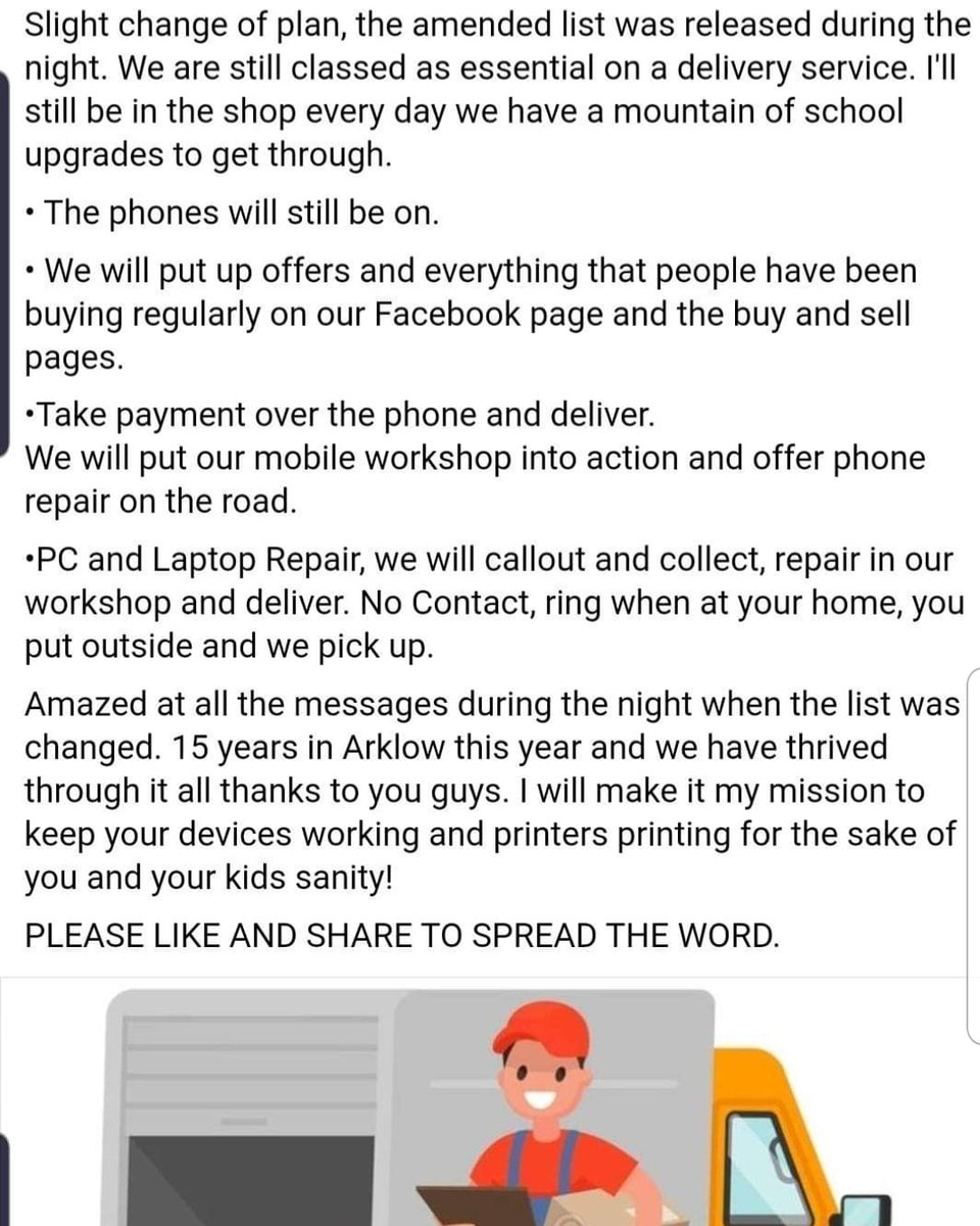 ArklowComputer's tweet image. We're still essential, so we're still open, albeit in a different way! Please read attatched and spread to word #Arklow #Gorey