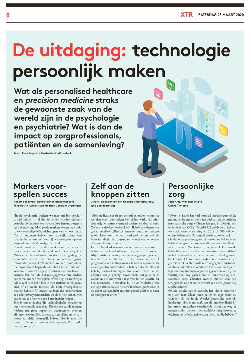Vandaag in de bijlage van het  <a href="/nrc/">NRC</a>  -  <a href="/jajajoris1/">Joris Arts</a>  over de uitdaging om technologie persoonlijk te maken.

#nrc #ggz #ehealth #mentalhealth #disofa #persoonlijkezorg #ikzorg #onlinepsycholoog