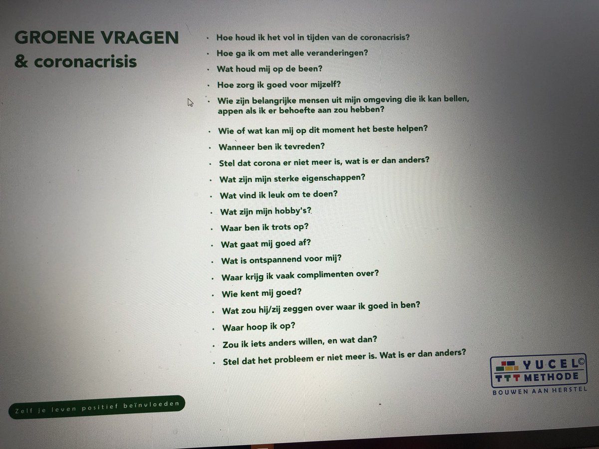 Naast de reële individuele en collectieve last/angsterkenning ten gevolge van de Coronacrisis kunnen de groene vragen, steun, hoop, troost, liefde en vooral binding met een gevoel van gemeenschapszin geven.