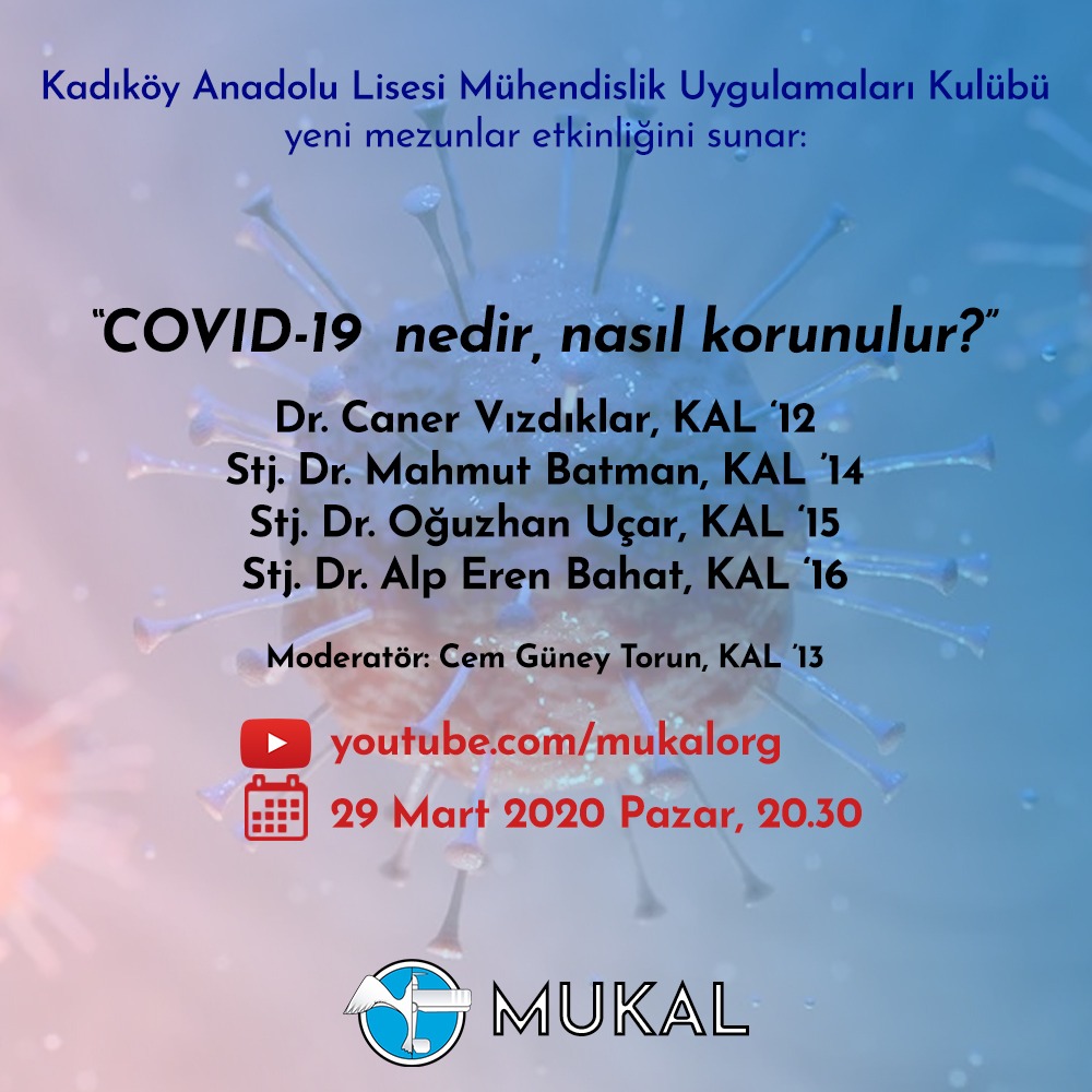 Doktor ve tıp öğrencisi mezunlarımız dünyayı kasıp kavuran COVID-19 salgınını masaya yatırıyor. Yarın 20.30'da, MUKAL Youtube kanalında.