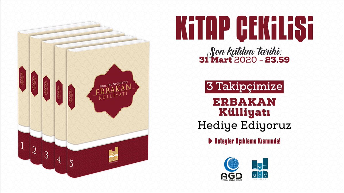 AGD Anadolu Gençlik (@agdorgtr) on Twitter photo Kitap Çekilişi 📚
3 Kişiye “Erbakan Külliyatı” hediye ediyoruz!
Yapmanız gerekenler:
📍<a href="/agdorgtr/">AGD Anadolu Gençlik</a> ve @MGVYayinlari ‘ni takip etmek.
📍Bu tweeti retweet etmek.
📍Yorum kısmına 3 arkadaşını etiketlemek.
Çekiliş son katılım tarihi: 31 Mart Salı 23.59 ✋🏼 Kitap Çekilişi 📚
3 Kişiye “Erbakan Külliyatı” hediye ediyoruz!
Yapmanız gerekenler:
📍<a href="/agdorgtr/">AGD Anadolu Gençlik</a> ve @MGVYayinlari ‘ni takip etmek.
📍Bu tweeti retweet etmek.
📍Yorum kısmına 3 arkadaşını etiketlemek.
Çekiliş son katılım tarihi: 31 Mart Salı 23.59 ✋🏼