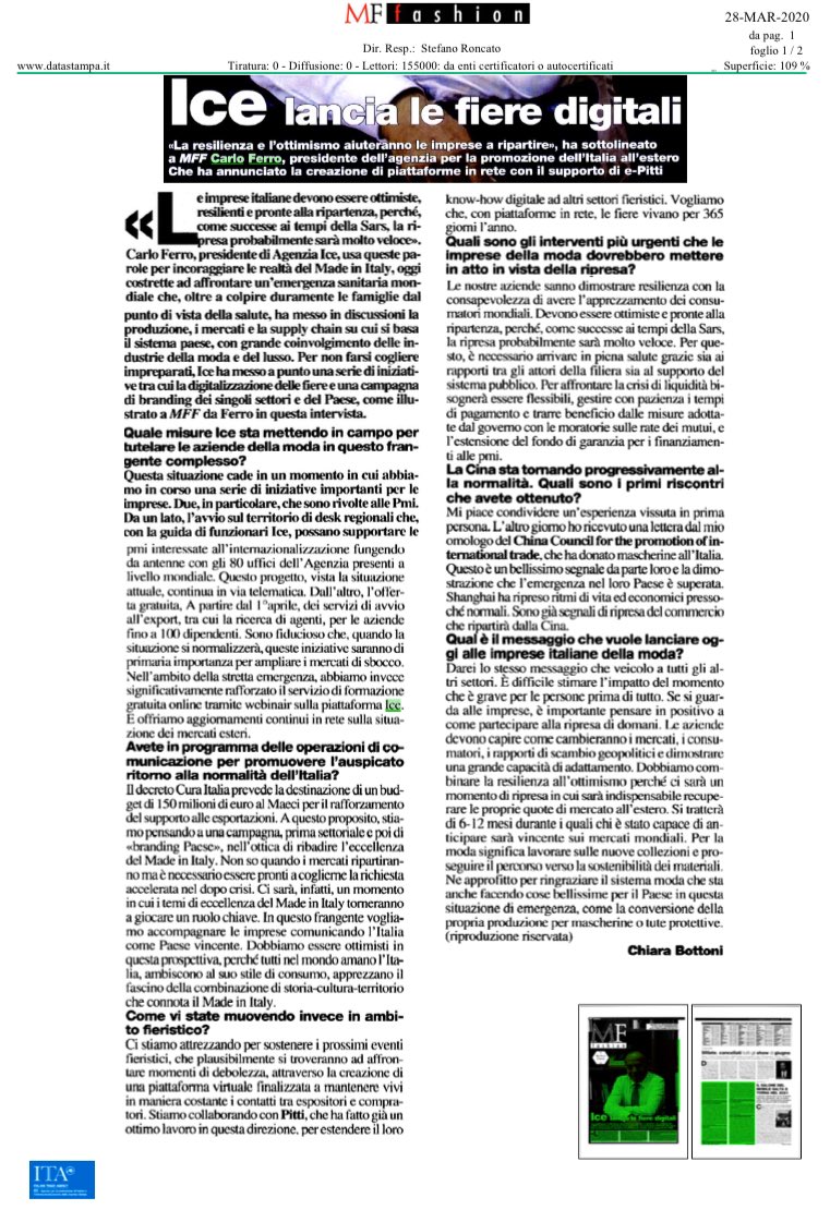 ITAtradeagency's tweet photo. #Ferro a @mffashion_com "Ci attrezziamo per aiutare le imprese a cogliere la ripresa. Le nostre aziende sanno dimostrare resilienza con la consapevolezza di avere l'apprezzamento dei consumatori mondiali, devono essere ottimiste e pronte alla ripartenza." #madeinitaly #export https://t.co/8AnLSmHW6J