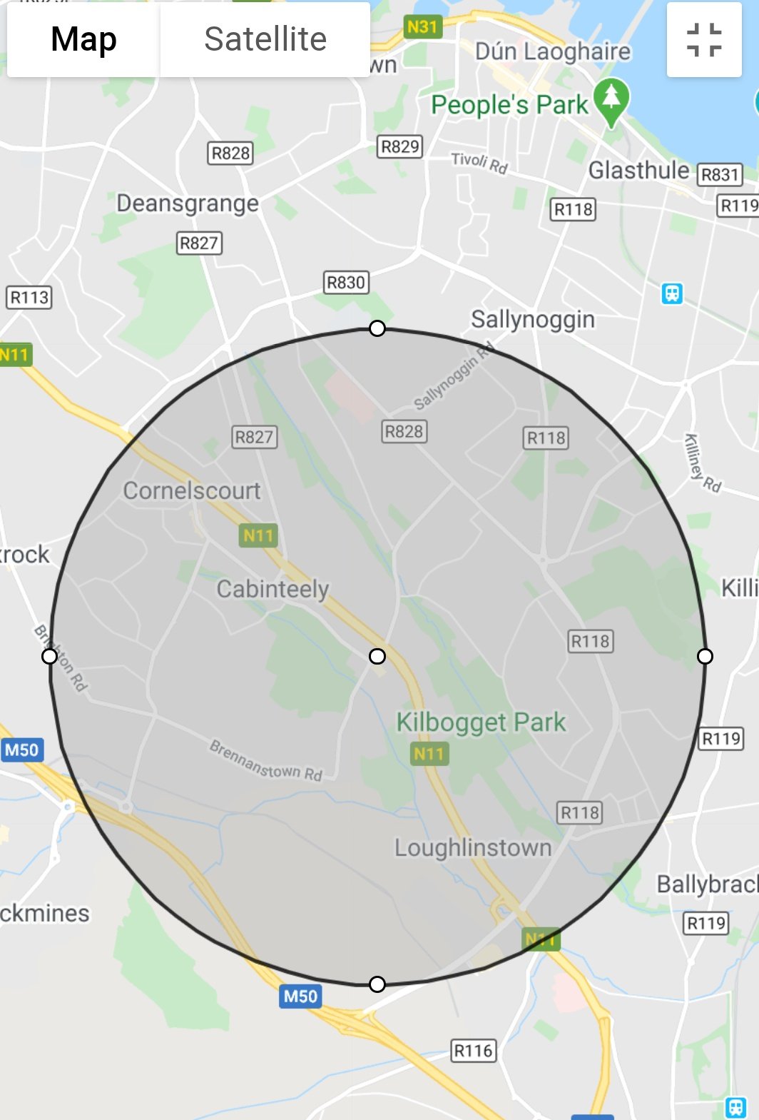 Mapdevelopers Draw Circle Tool Cabinteely Life On Twitter: "This Is A 2Km Radius From Cabinteely Village.  Want To Know What A 2Km Radius Looks Like From Your Location? Click The  Link Below To Find Out Https://T.co/Xcfxofhaf2 #