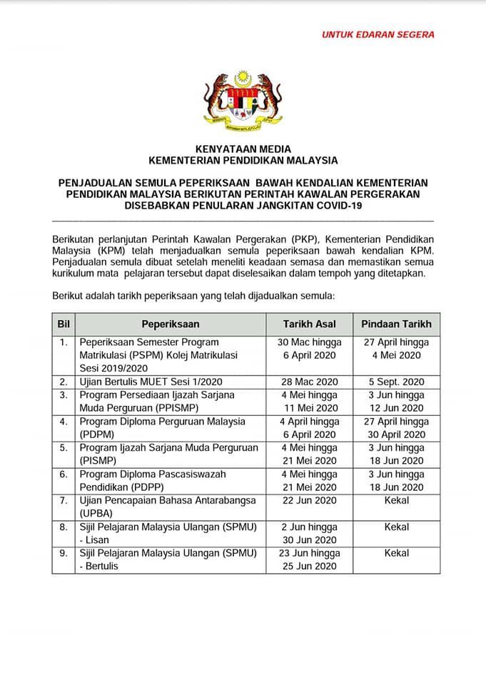 twt_IB's tweet photo. Kenyataan rasmi Kementerian Pendidikan Malaysia berkaitan penjadualan semula peperiksaan KPM berikutan COVID-19.
📌PPISMP 3-12 Jun 2020
📌PISMP 3-18 Jun 2020

#jppipgkbm
#infojpp
#media_ib
#twt_IB https://t.co/xc0wHdLFn6