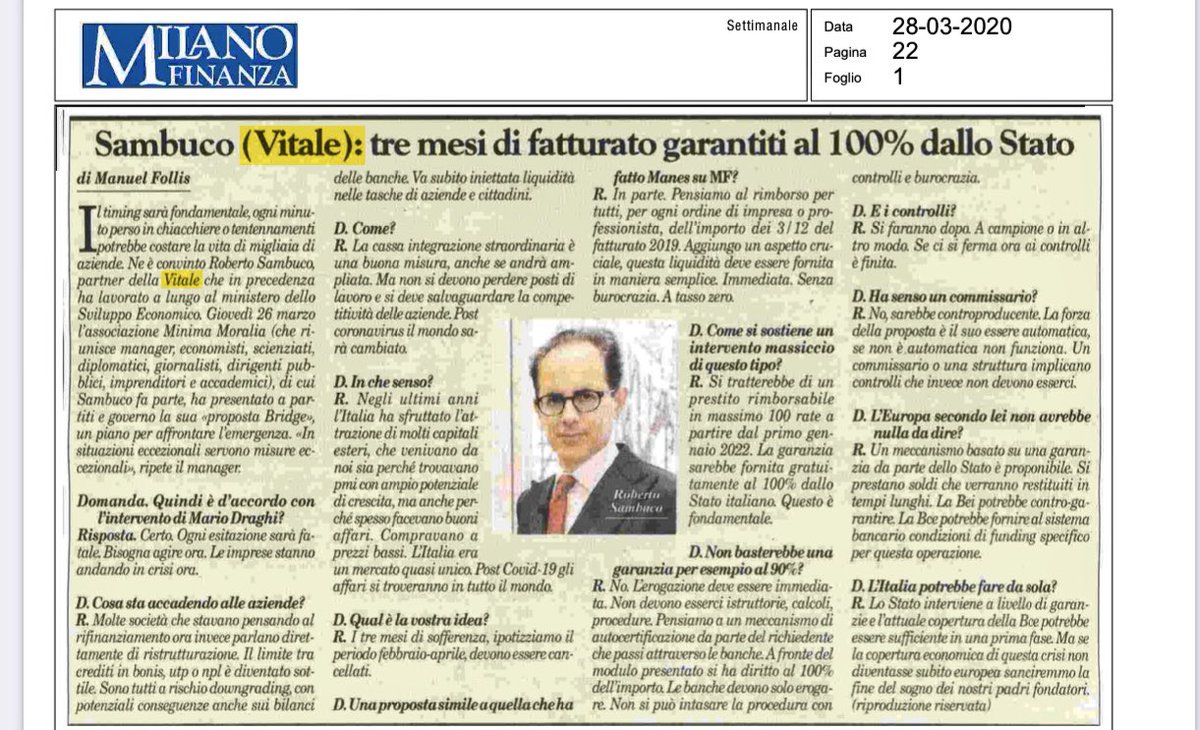 RobertoSambuco's tweet photo. Mia intervista su @MilanoFinanza primo step x garantire futuro alle imprese. Ns proposta #bridge di @m_minima liquidità subito,prestito a tasso 0 di 3 mesi di fatturato garantiti dallo Stato al 100%,restituzione long term,no burocrazia #coronavirus @fpagani @MEF_GOV https://t.co/K4Z7IhLnM4
