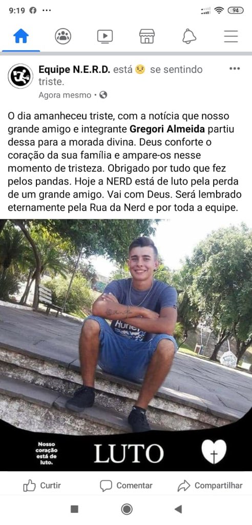EquipeNERD's tweet photo. Vale a homenagem em todas as redes sociais da equipe. Vai com Deus Greg, nosso grande amigo. Hoje é um dia difícil para nós pandas. Você será lembrado para sempre em nossa rua e por toda Equipe. A equipe NERD está de luto. https://t.co/0F53m8pAbS