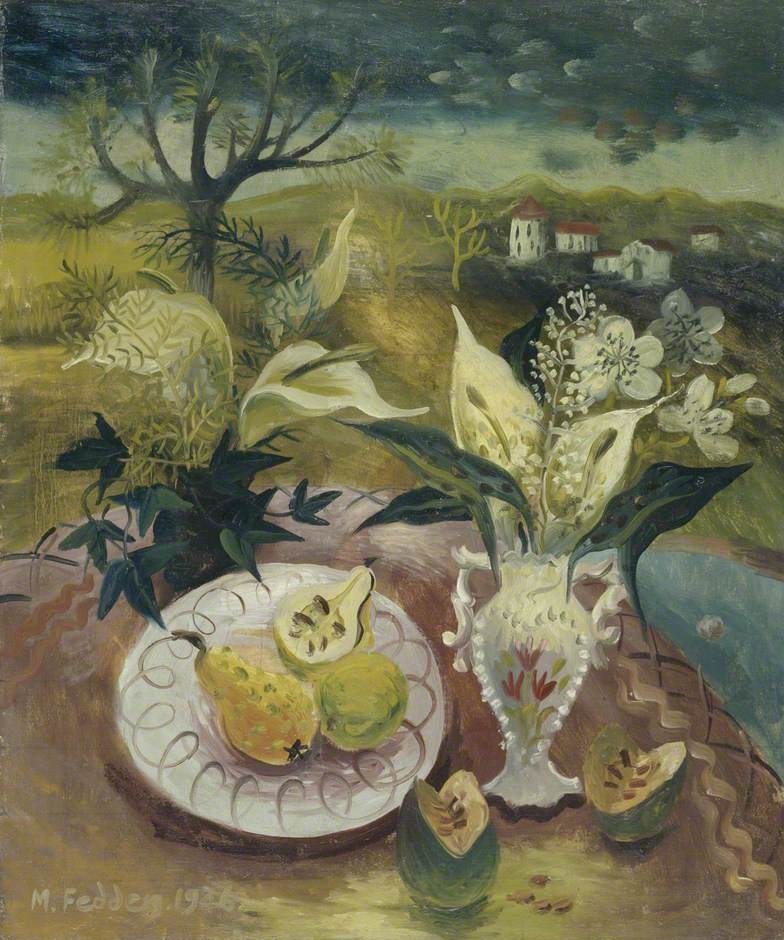 'Fruit and Flowers' (1946) by Mary Fedden. Bristol-born Fedden studied at the Slade before becoming a set designer for Sadlers Wells and the Arts Theatre in Covent Garden. After serving in WW2 she devoted herself fully to painting.  http://bit.ly/MaryFedden 