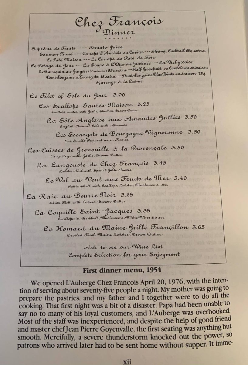 LaubergeChezF's tweet photo. Take a look at the first menu from Chez Francois in Washington DC in 1954. This picture is from Chef Jacques' first cookbook that includes great stories about the history of the restaurant-- memories collected and composed with his dad. This cookbook was published in 1984. https://t.co/w9XISQtFnt