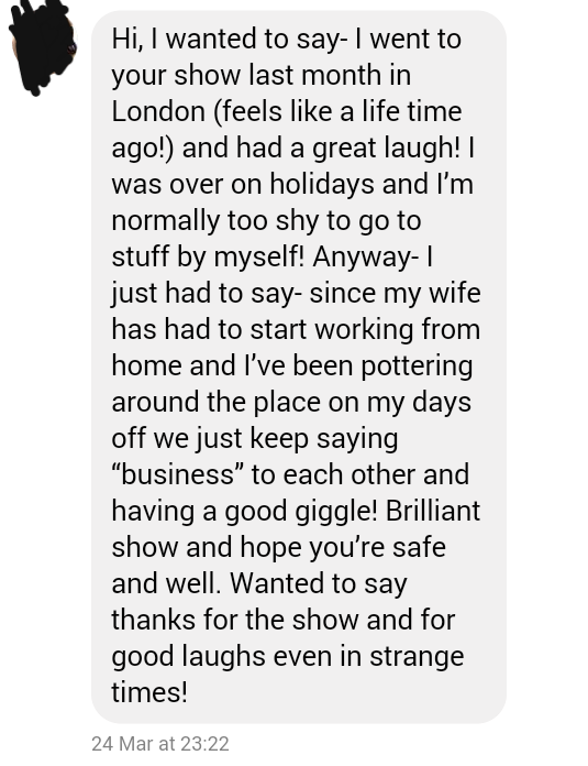 A great message from one of our audience earlier this month! Hope working from home has got everyone else doing 'business'! #sheithappens #sheithappensshow #workingfromhome #business
