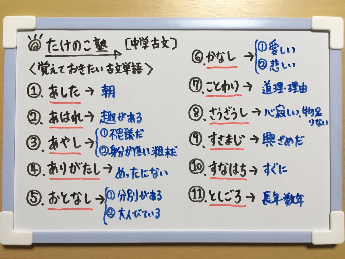 たけのこ塾 Pa Twitter 中学古文 覚えておきたい古文単語 を作成しました あした あはれ あやし ありがたし おとなし かなし ことわり さうざうし すさまじ すなはち としごろ なかなか ながむ ねんず ののしる はづかし めでたし やがて ゆかし をかし 詳しくは