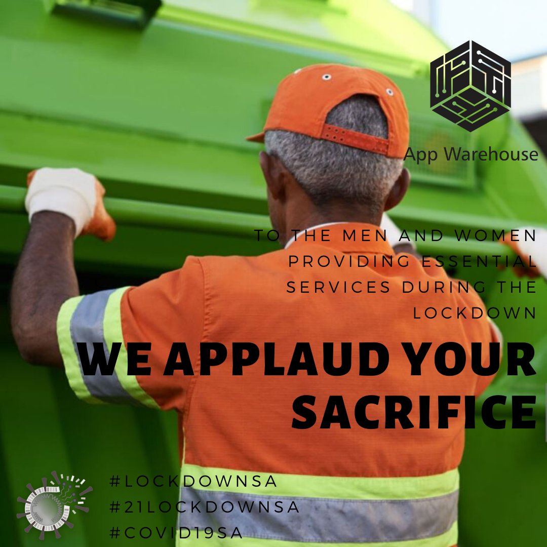 appwarehouse_ZA's tweet photo. To the many men, women, mothers, fathers, sons, daughters, brothers, sisters, uncles and aunts who continue to to work day and night during the lockdown.
We see you!! 

#COVID19
#LOCKDOWNSA
#21LOCKDOWNSA https://t.co/H6oVmo3mHd