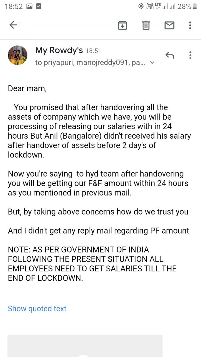 Actor_pavan's tweet photo. @KTRTRS @CPHydCity

During this crisis, as we are supporting the Lockdown for the society cause, The Company in which am working is not releasing our salaries of last month. And the reason behind the issue is lockdown. This is the mail conversation.. plz help🙏🙏🙏 https://t.co/9MoGMNFEmT