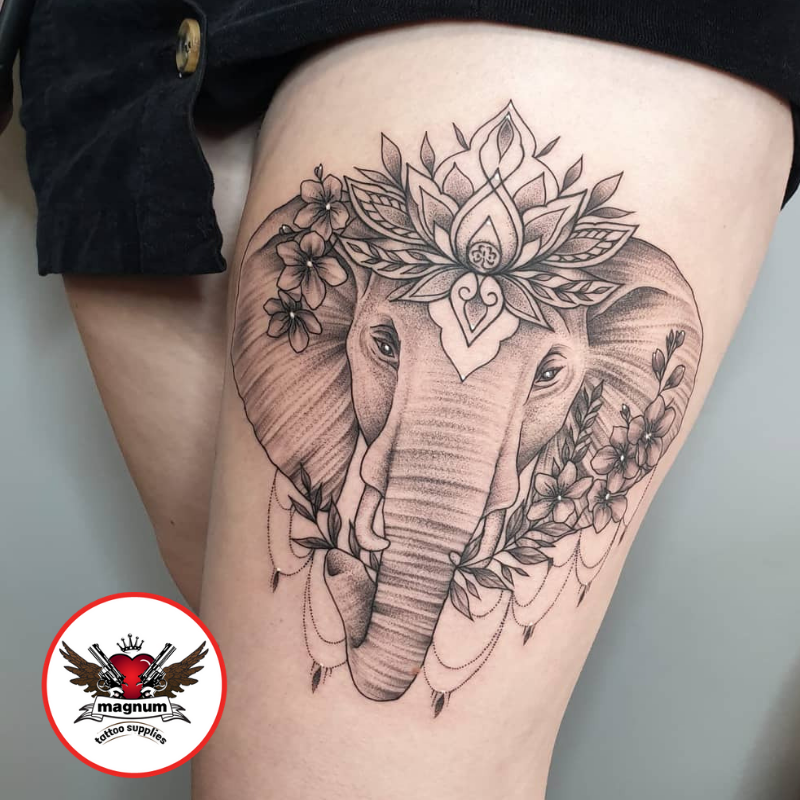 MagnumTattoo's tweet photo. Elephant with mandala by Emily O'sullivan @osullivanink Supplied by #magnumtattoosupplies 🐘 
.
.
#dotworkmandala #artist #blackwork #dotwork #detail #elephant #stippling #wristcuff #flowertattoo
.
.
https://t.co/UEF0OkHMXy https://t.co/NoAr2UKTsa