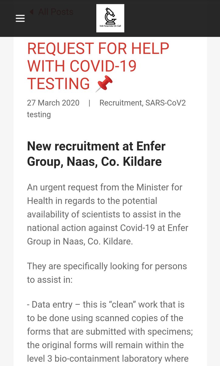 Irish Scientists On Call (@scientistoncall) on Twitter photo Scientists are still urgently needed to assist with #COVID19 testing a repurposed lab in Kildare (data entry, sample processing and PCR). Please share and see irishscientistsoncall.com for further details! <a href="/HSELive/">HSE Ireland</a> Scientists are still urgently needed to assist with #COVID19 testing a repurposed lab in Kildare (data entry, sample processing and PCR). Please share and see irishscientistsoncall.com for further details! <a href="/HSELive/">HSE Ireland</a>