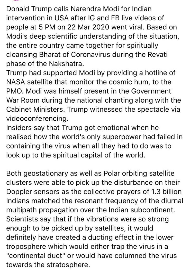 anjusabu's tweet photo. Dear @realDonaldTrump I heard you’re frantically planning a US wide chant session because your bff modi and his incredibly scientific brain said so. This is the news that his minions are spreading across India. #modiscience https://t.co/uevfg1Focf