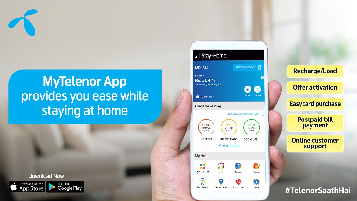 telenorpakistan's tweet photo. Stay at home and make the most of your time with My Telenor App. #TelenorSaathHai 💙 https://t.co/eCnR0w1LFq