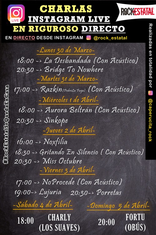 Queremos poner nuestro granito de arena a llevar el confinamiento como mejor sabemos hacer... con música.

Charlas en directo y algún que otro temita sonará esta semana con la siguiente programación. 

instagram.com/rock_estatal/ a cargo de instagram.com/caperucita_roc…
