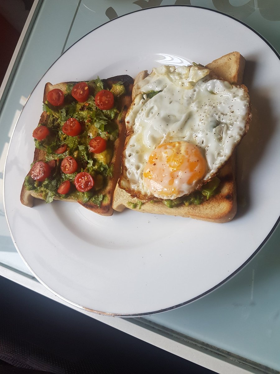 Quarantine cuisineAvocado toast 2 ways, one topped with cherry tomatoes, ghost pepper flakes and parsley, the other topped with a little grated cheese and a fried eggAlso pictured honey ginger tea and grapes