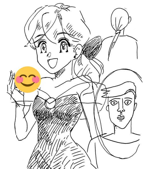 小学生の時描いていた絵(左)と 学校の先生がこう描かないと許してくれなかった絵(右下)と 怒られたくなくて後頭部しか描かなくなった時の絵(右上) 