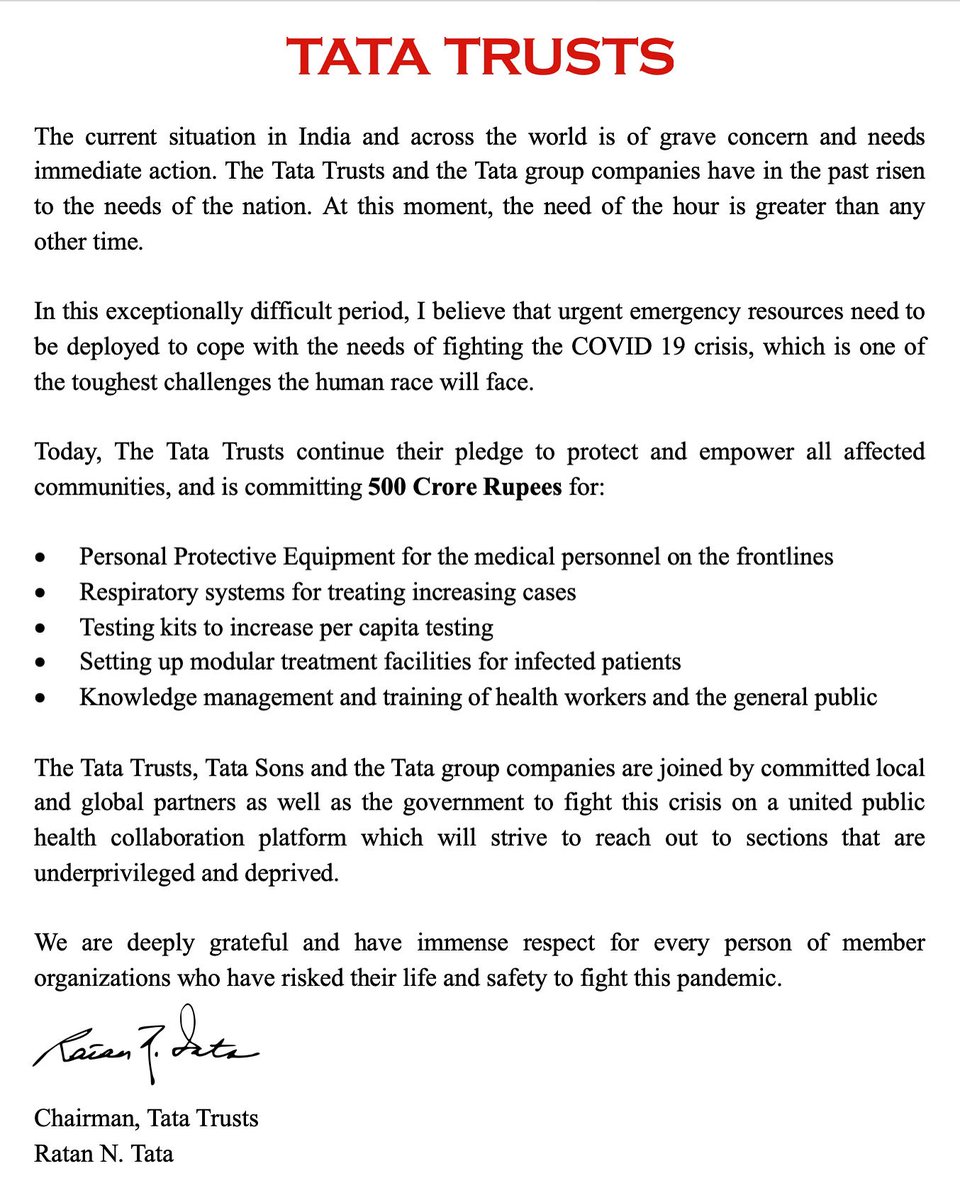 The COVID 19 crisis is one of the toughest challenges we will face as a race. The Tata Trusts and the Tata group companies have in the past risen to the needs of the nation. At this moment, the need of the hour is greater than any other time.