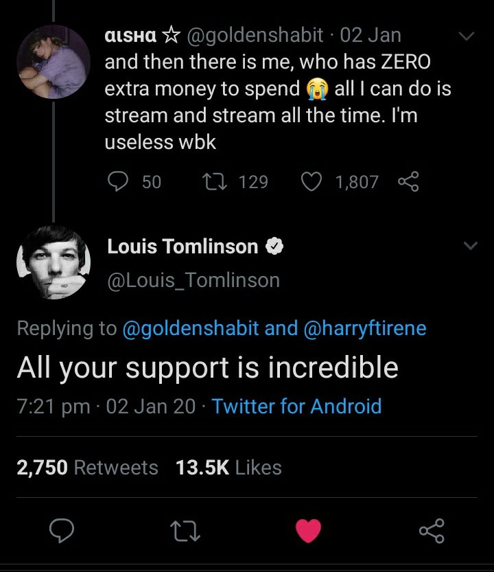 also here we have louis making sure no one feels upset because they can't afford buying his music and he thinks no matter what kind of support you provide, he's happy with it whatsoever