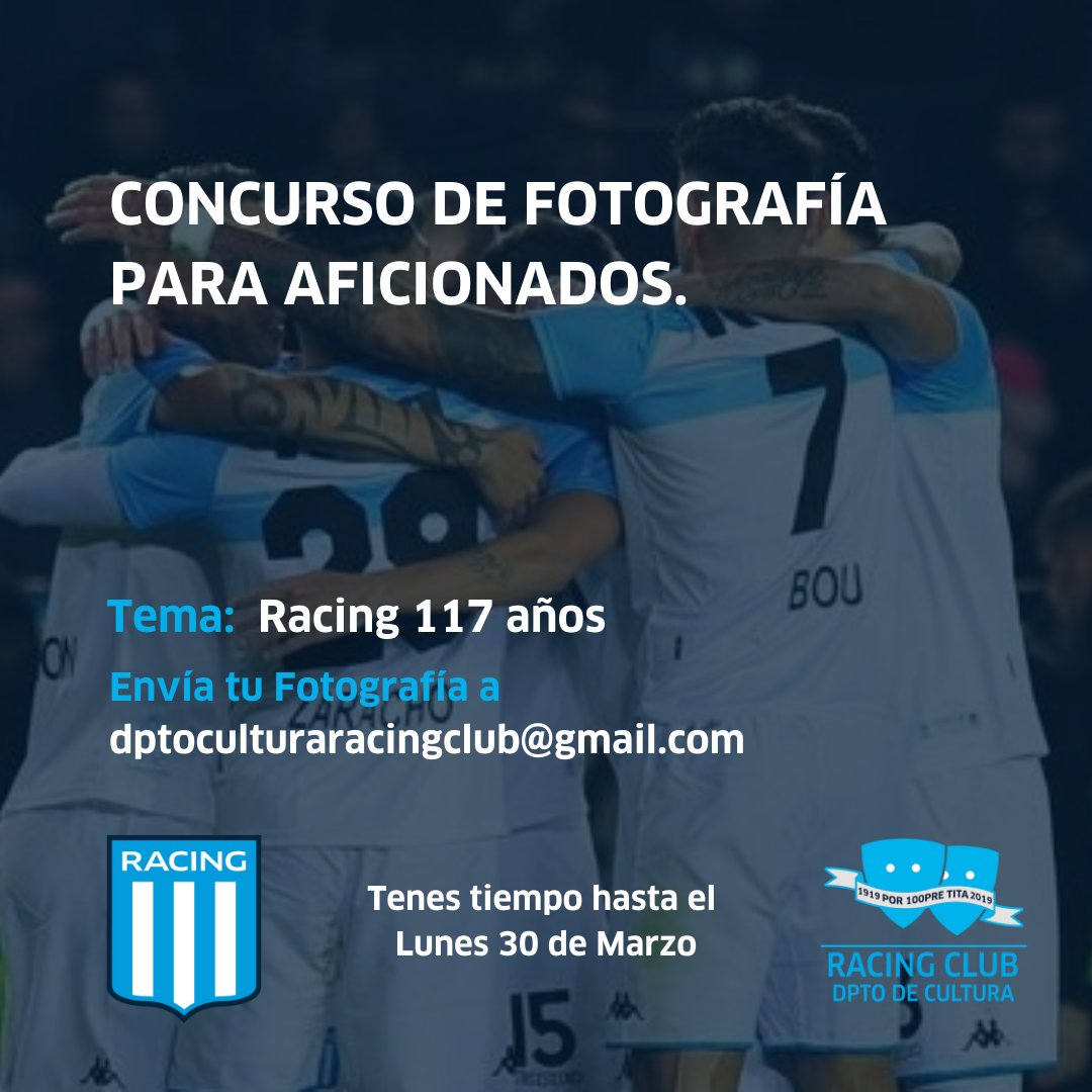DptoCultEHistRC's tweet photo. Concurso de Fotografía para aficionados.

Envíanos tu mejor foto a : dptoculturaracingclub@gmail.com hasta el día lunes 30 de marzo.

El premio será una beca para realizar un curso de fotografía en el Dpto de Cultura de Racing Club y una camiseta oficial. https://t.co/K7tniMJWj0
