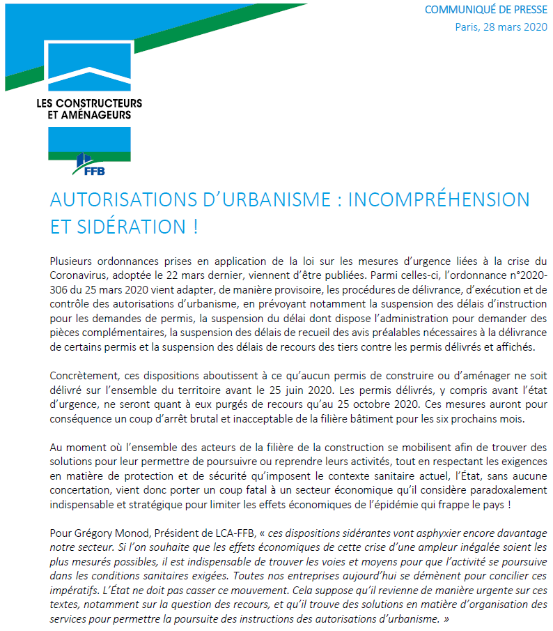 HabitatFFB's tweet photo. [COMMUNIQUÉ] Incompréhension et sidération de la maîtrise d’ouvrage privée du #logement : suspension des délais des procédures d'#urbanisme = coup fatal pour la filière #bâtiment qui tente d’allier activité et exigences de protection #Coronavirus #Covid19
https://t.co/ghlr4ahyDh https://t.co/GdW7pkWbRd