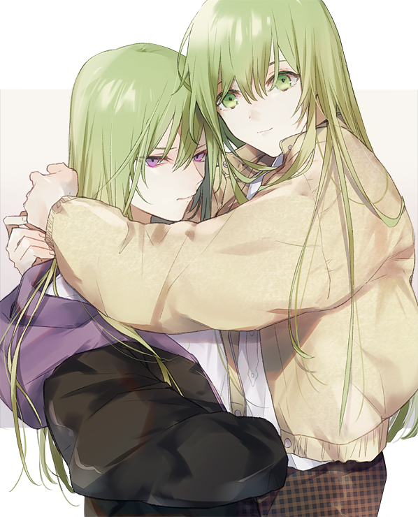 enkidu (fate) long hair green hair green eyes purple eyes jacket white background androgynous  illustration images