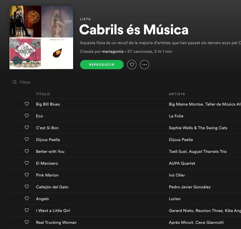 Bones a tothom!, com esteu? Us hem preparat una llista Spotify per compartir amb vosaltres i que la gaudiu tants cops com us vingui de gust. Us trobem a faltar a peu d'escenari i esperem que aviat puguem escolar música en directe els divendres als Cicles de La Fàbrica.
