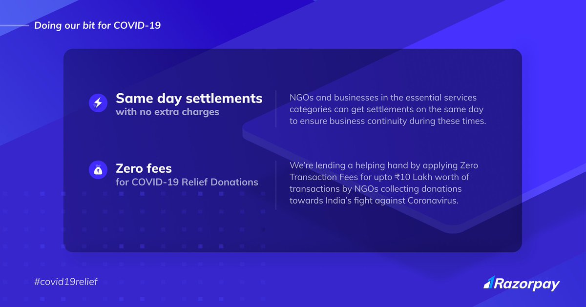 harshilmathur's tweet photo. We are seeing a lot of people using @Razorpay pages &amp; other services to raise funds or provide essential services in these times. Glad to provide some benefits to help with these! Mail us at covid-19relief@razorpay.com for more details. #covid19relief https://t.co/BuWEJcaiUV
