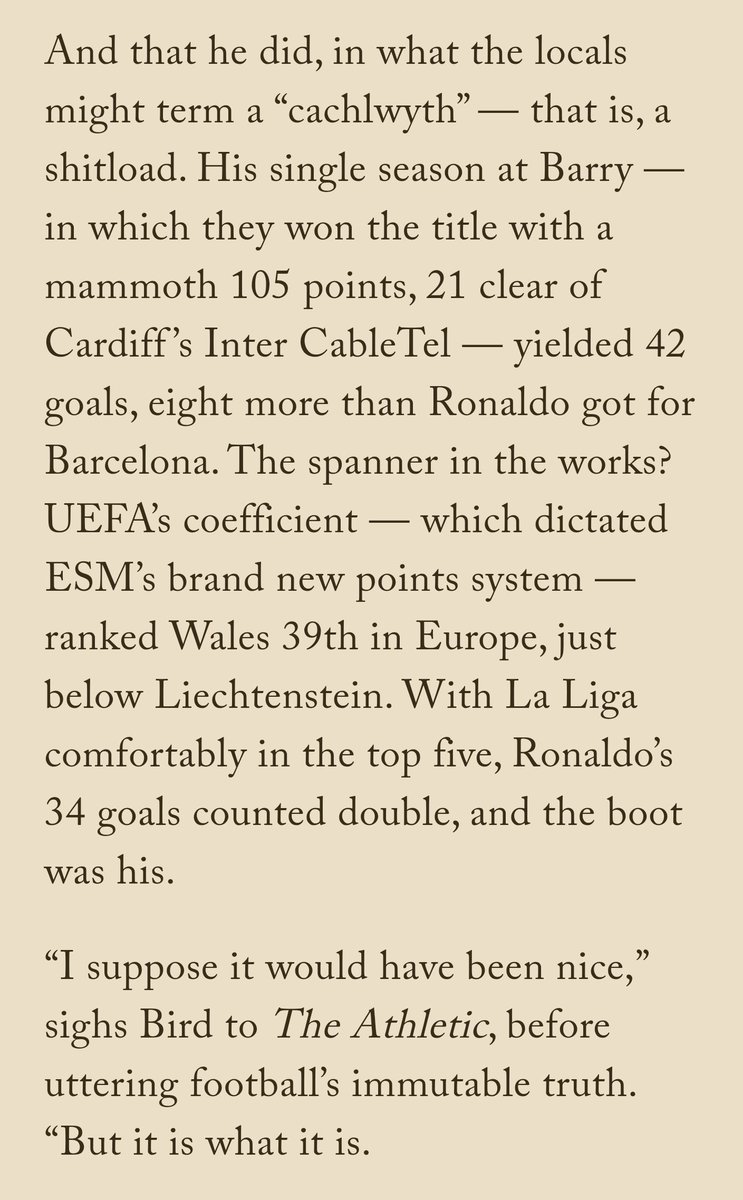 FootballCliches's tweet photo. A big piece on the European Golden Boot, which was once won by a Romanian who scored *20 goals in his final six games* (🤔) but not by Barry Town legend Tony Bird, despite outscoring Barcelona's Ronaldo...

https://t.co/8w5aOv6bNB https://t.co/ygyznEP16e