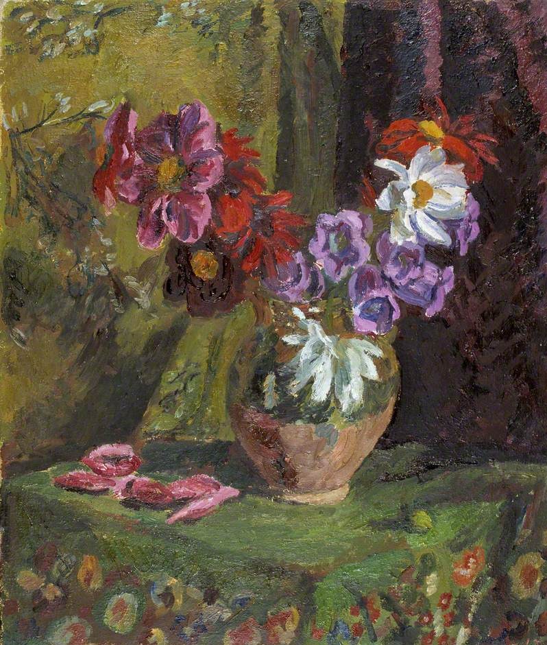 'Dahlias and Canterbury Bells' by Vanessa Bell (1879-1961). Inspired by exhibitions of the Post-Impressionists, Bell set out to challenge the Victorian status quo of idealised femininity in art. She was the sister of Virginia Woolf.  https://bit.ly/3ap35m9 