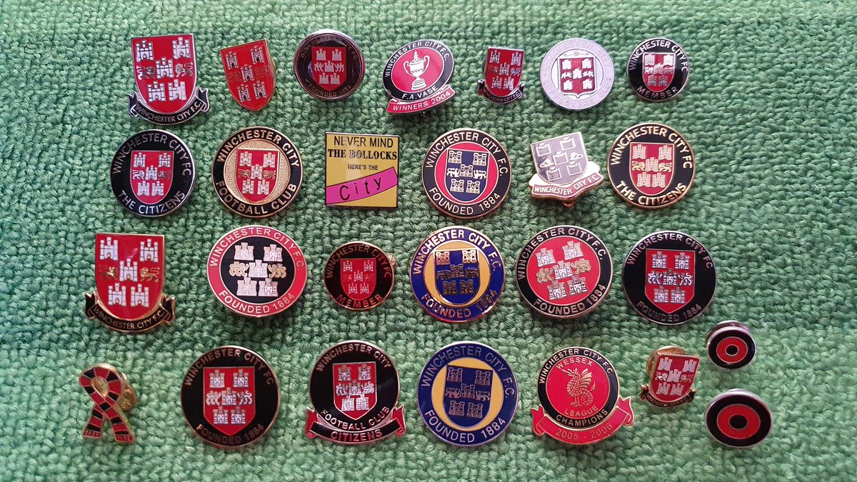 My  @wincityfc badges, Crests of teams in Winchester's  @SouthernLeague1 division,  @Alemannia_AC badges & a selection of Ultras/Anti UEFA badges.