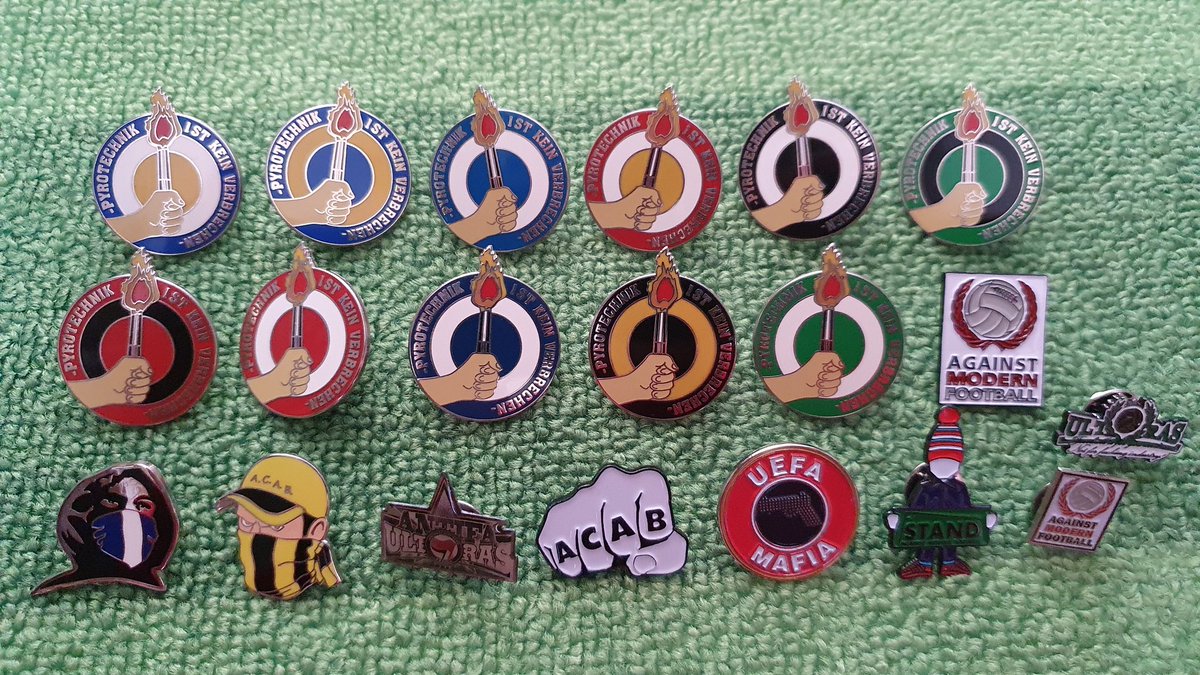 My  @wincityfc badges, Crests of teams in Winchester's  @SouthernLeague1 division,  @Alemannia_AC badges & a selection of Ultras/Anti UEFA badges.