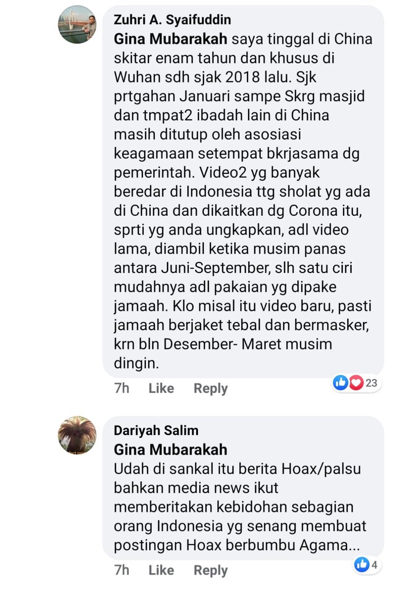 na_dirs's tweet photo. Ini contoh diskusi di Facebook. Gimana orang kena hoaks soal masjid di Wuhan dan merasa sdh aman karena sebelum Jumatan dicek suhu tubuhnya. Padahal mengecek corona gak segampang itu, bros n sis. Kita perlu terus mengedukasi khalayak tanpa lelah demi menyelamatkan nyawa manusia https://t.co/KPF280pMXo